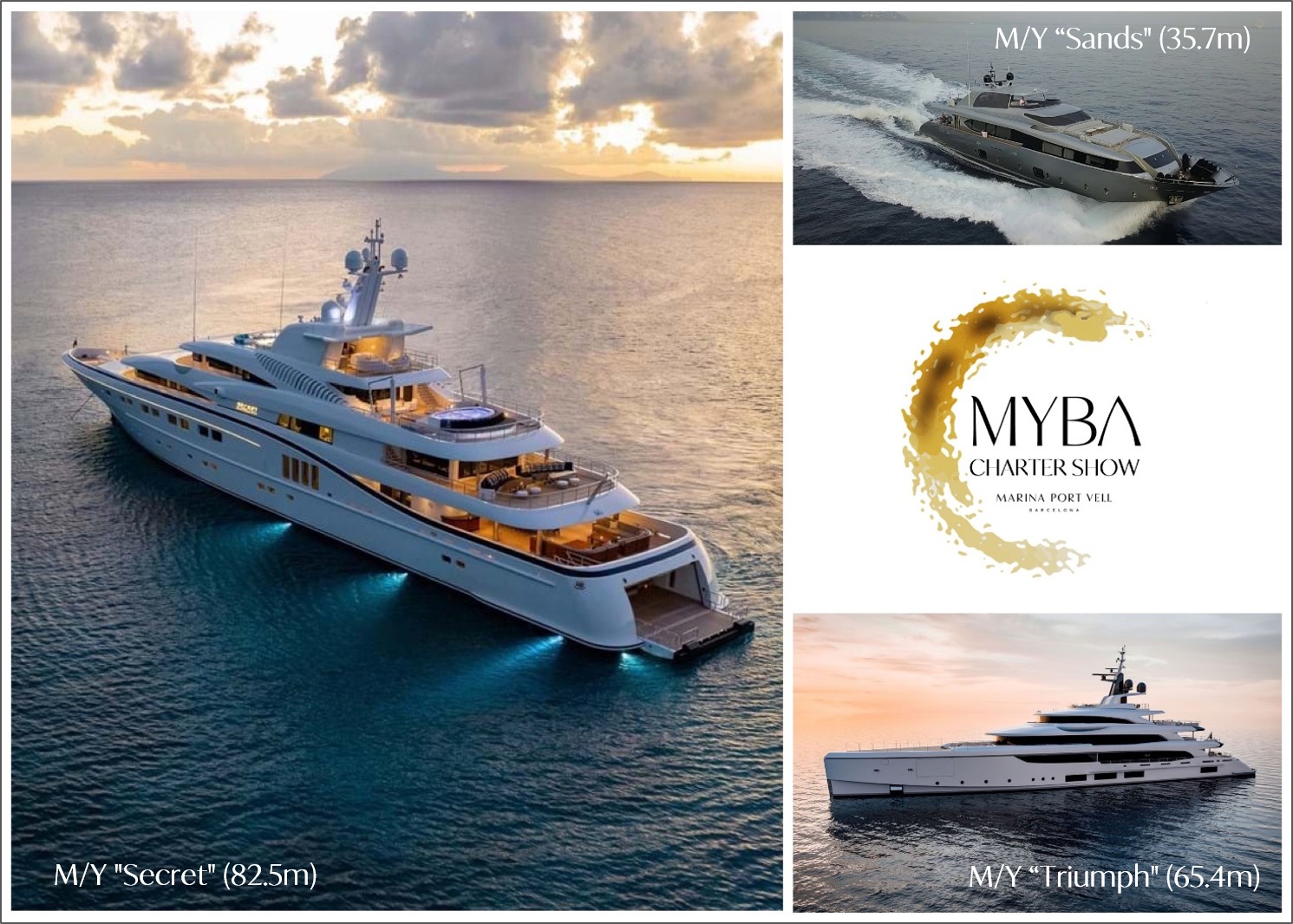 Motor Yacht Secret Triumph and Sands in a collage with MYBA Charter Show Logo